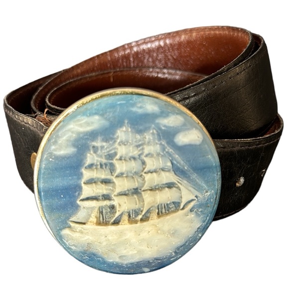 Vintage Other - Incolay Stone Sailing Ship Buckle and Belt
